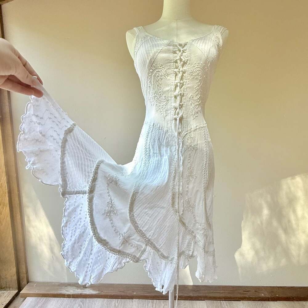 Vintage Y2K White Beaded Lace-Up Fairycore Handkerchief Hem Dress